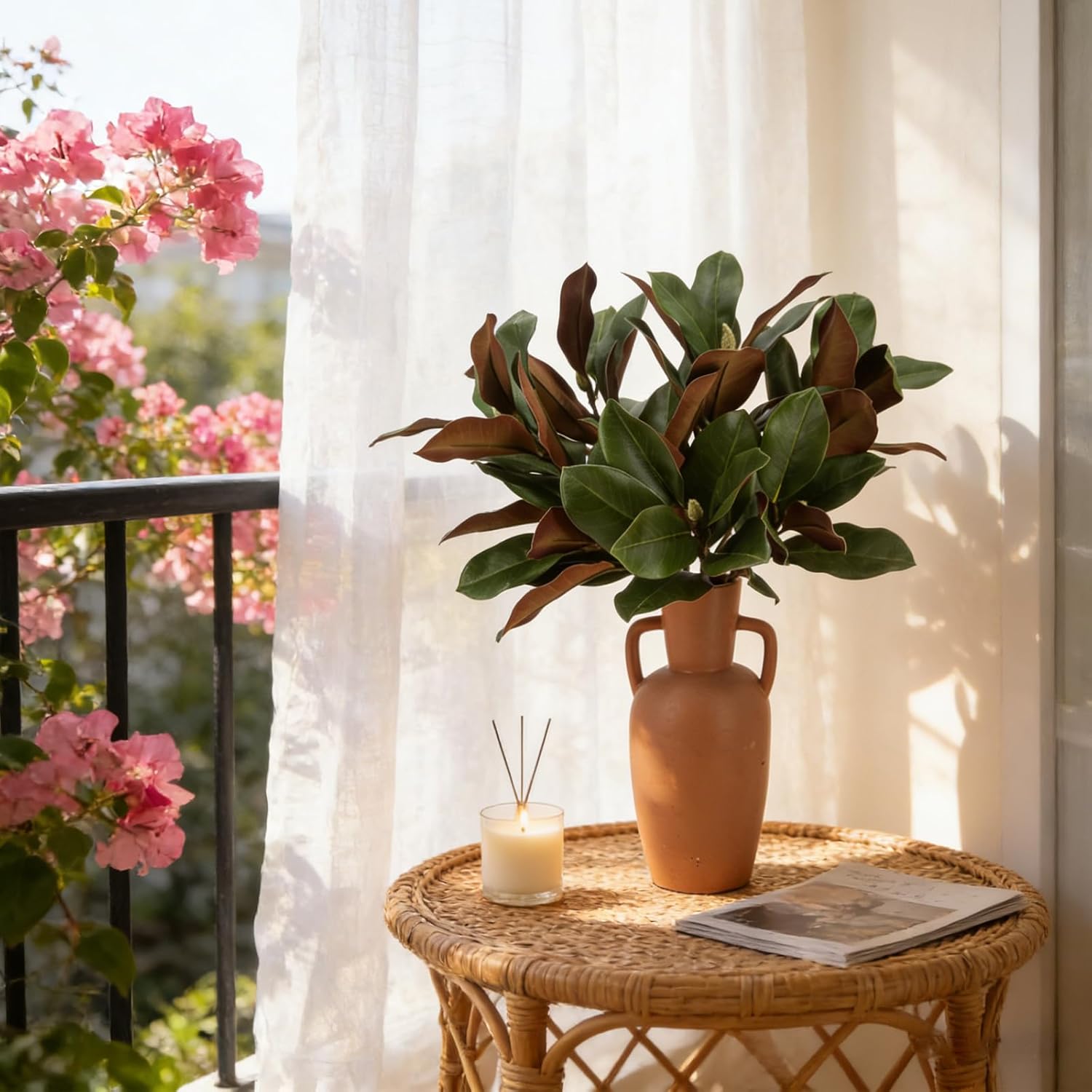 Magnolia Artificial Leaves Branches 3D Magnolia Stem Life-Like Faux Leaves Twigs for Indoor Vase Filling Home Office Hotel Table Décor (4, 25.6inch)