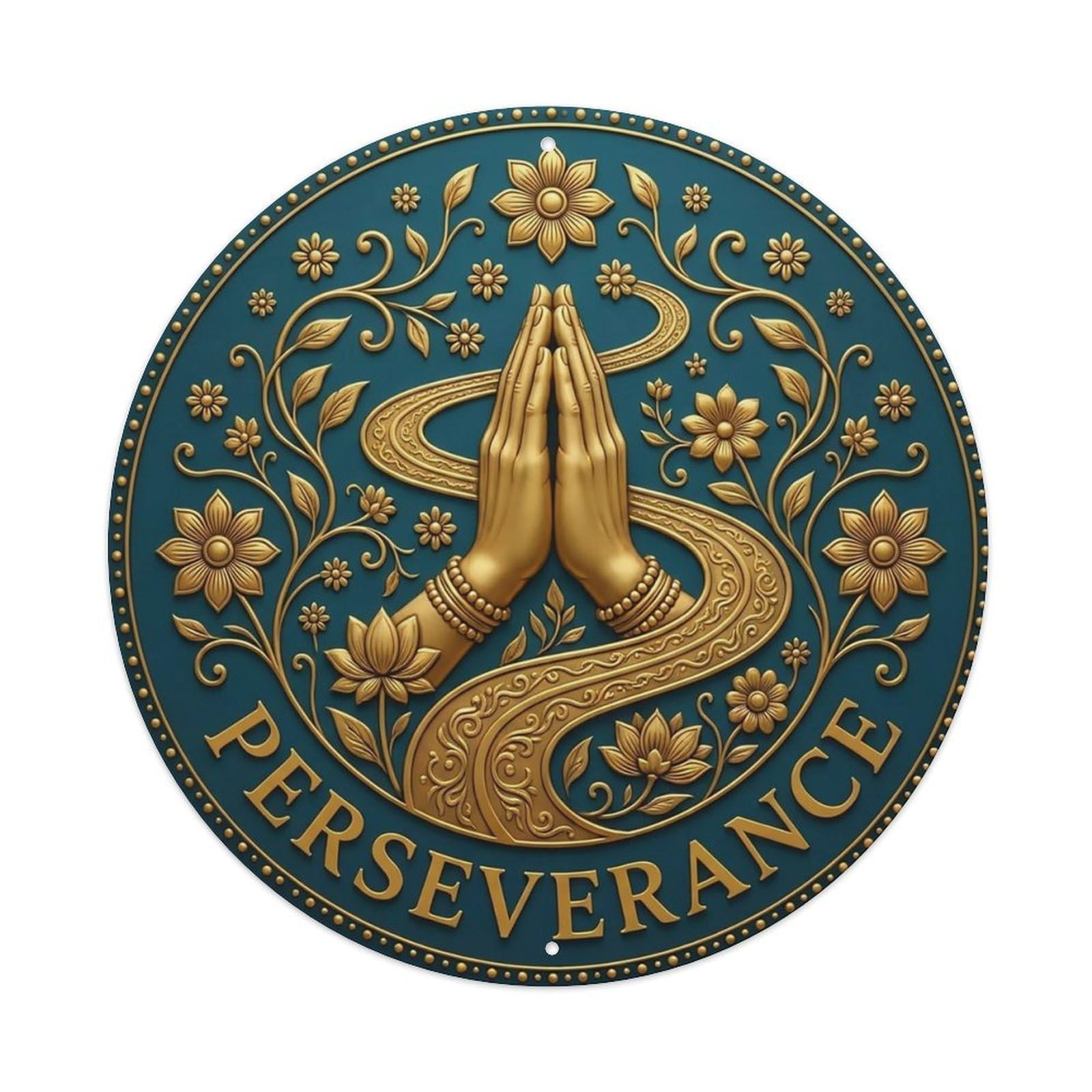 Vintage Namaste Praying Hands Perseverance Flower Zen Yoga Metal Tin Sign