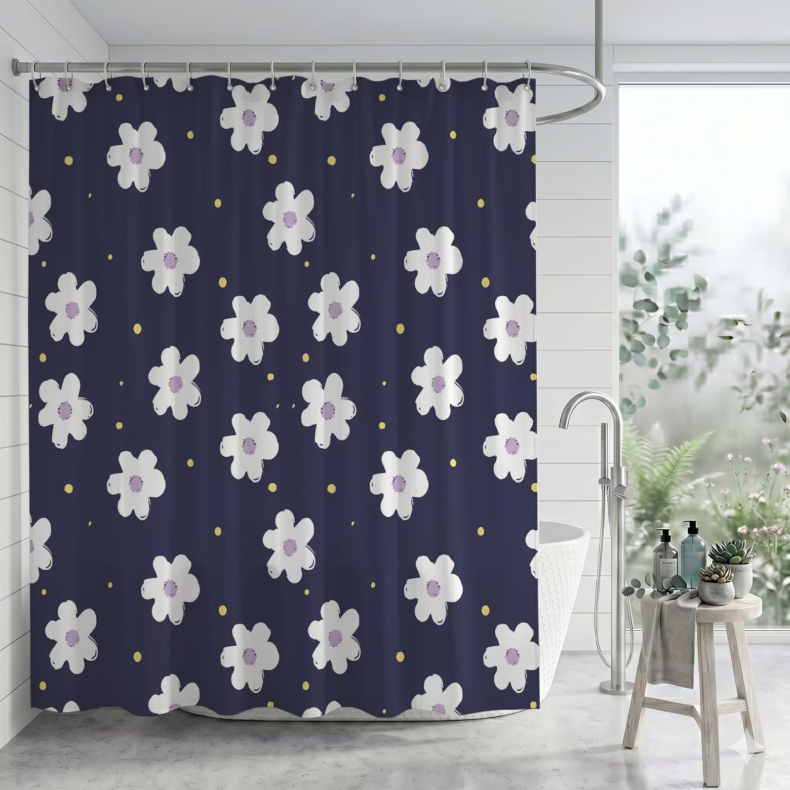 Semplice Simple Margarita Cortina de Ducha 300 x 200 cm Impermeable Repelente al Agua para Bañera y Baño, Cortina de Tela Poliéster Gruesa con Bajo Lastrado, Lavable a Máquina, con Anillas, Q-o497