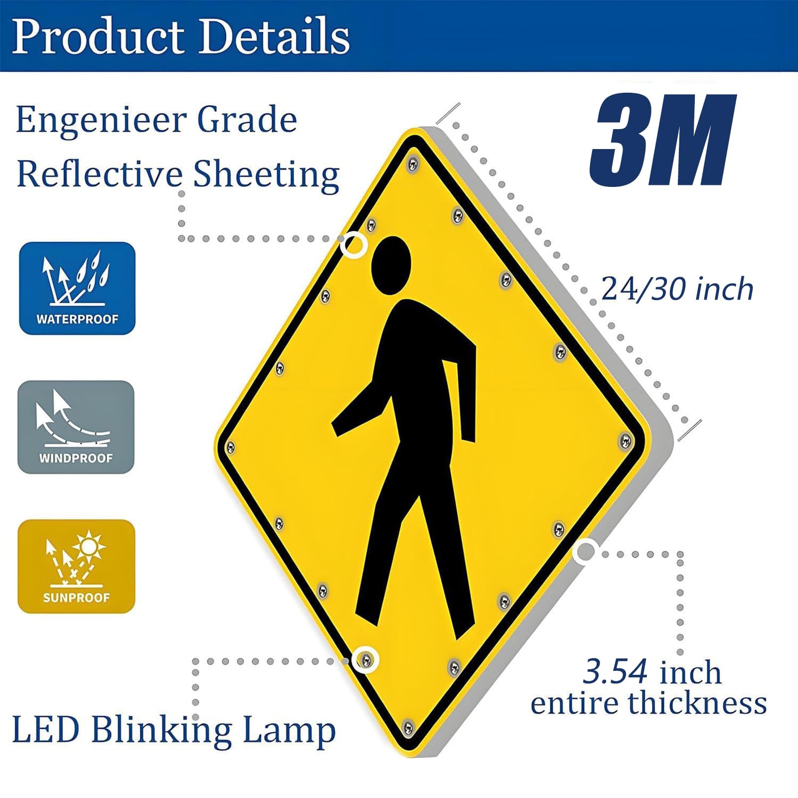 Semáforo LED, señal de Cruce peatonal LED Solar Intermitente - Señal de Advertencia de tráfico para Todo Tipo de Clima de 24"/30" con película Reflectante de Grado de ingeniería y Aluminio d