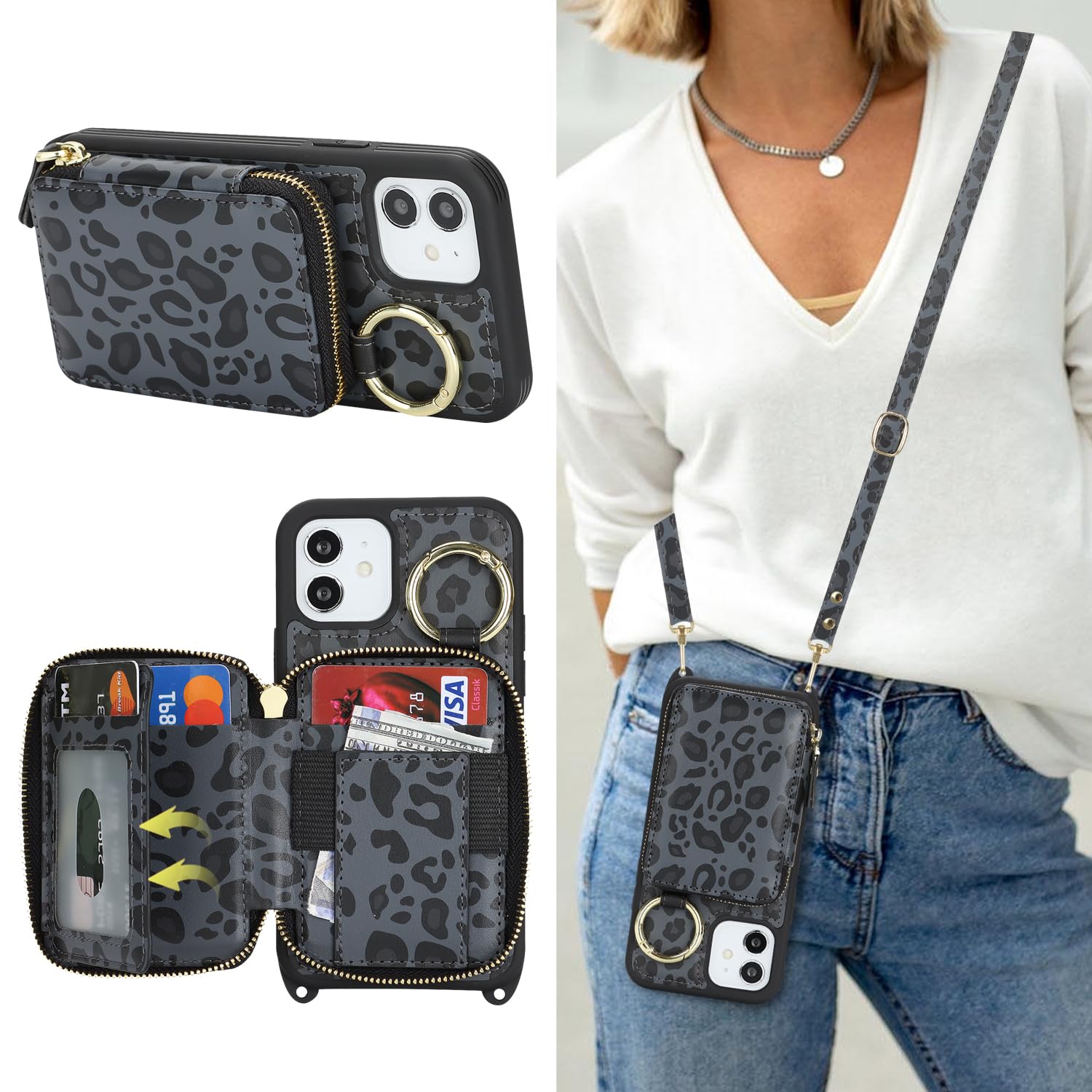 Crossbody Wallet Case for iPhone 12-Black Leopard