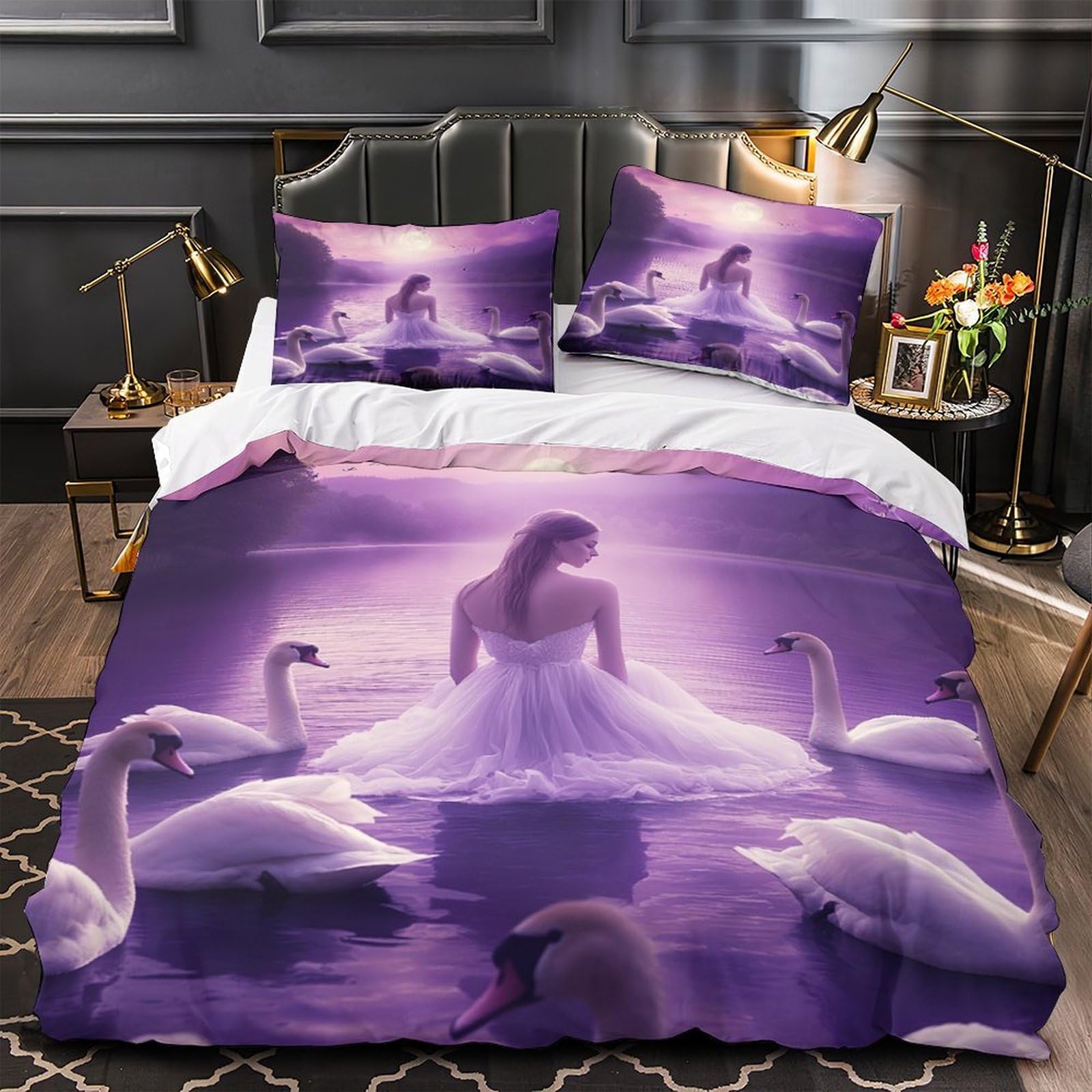 Housse de couette lac des cygnes anti-tache en microfibre 3D