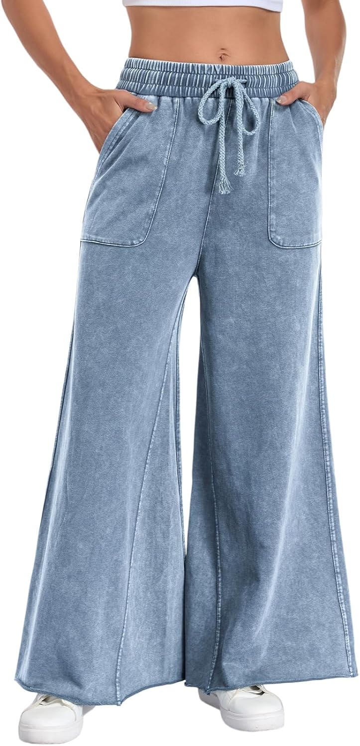 Womens Wide Leg Sweatpants Jeans Acid Wash Denim Sweatpant Drawstring 2026 High Waist Baggy Casual Palazzo Pants