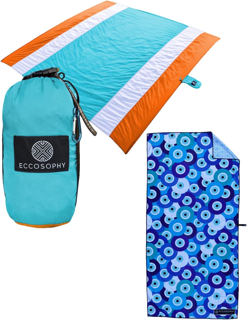 ECCOSOPHY Sand Free Beach Blanket 9x10ft + Quick Dry Microfiber Beach Towel 71x35 inches.