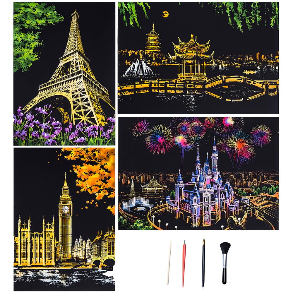 Scratch Art Paper, Scratch Art for Adults, Night View Scratchboard Pads Painting Landscape Scratchboard Crafts Kit DIY Art, 4 Sheets Scratch Decorative Painting & Drawing Pen, Clean Brush