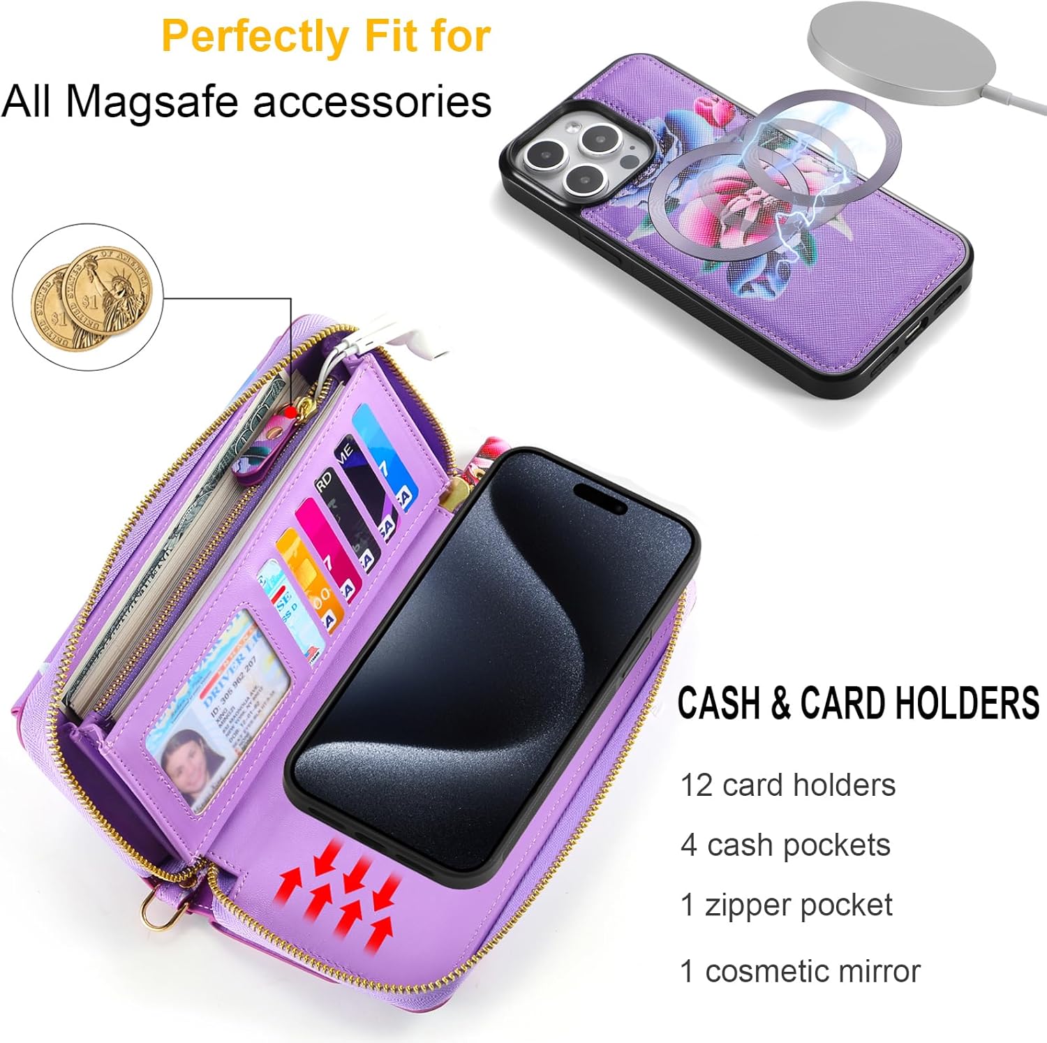 Crossbody Wallet Case for iPhone 15 Pro Max, Magnetic Detachable Floral PU Leather Phone Case with RFID Blocking Card Holder Wristlet Mirror Flip Zipper Shoulder Purse for Women,Purple