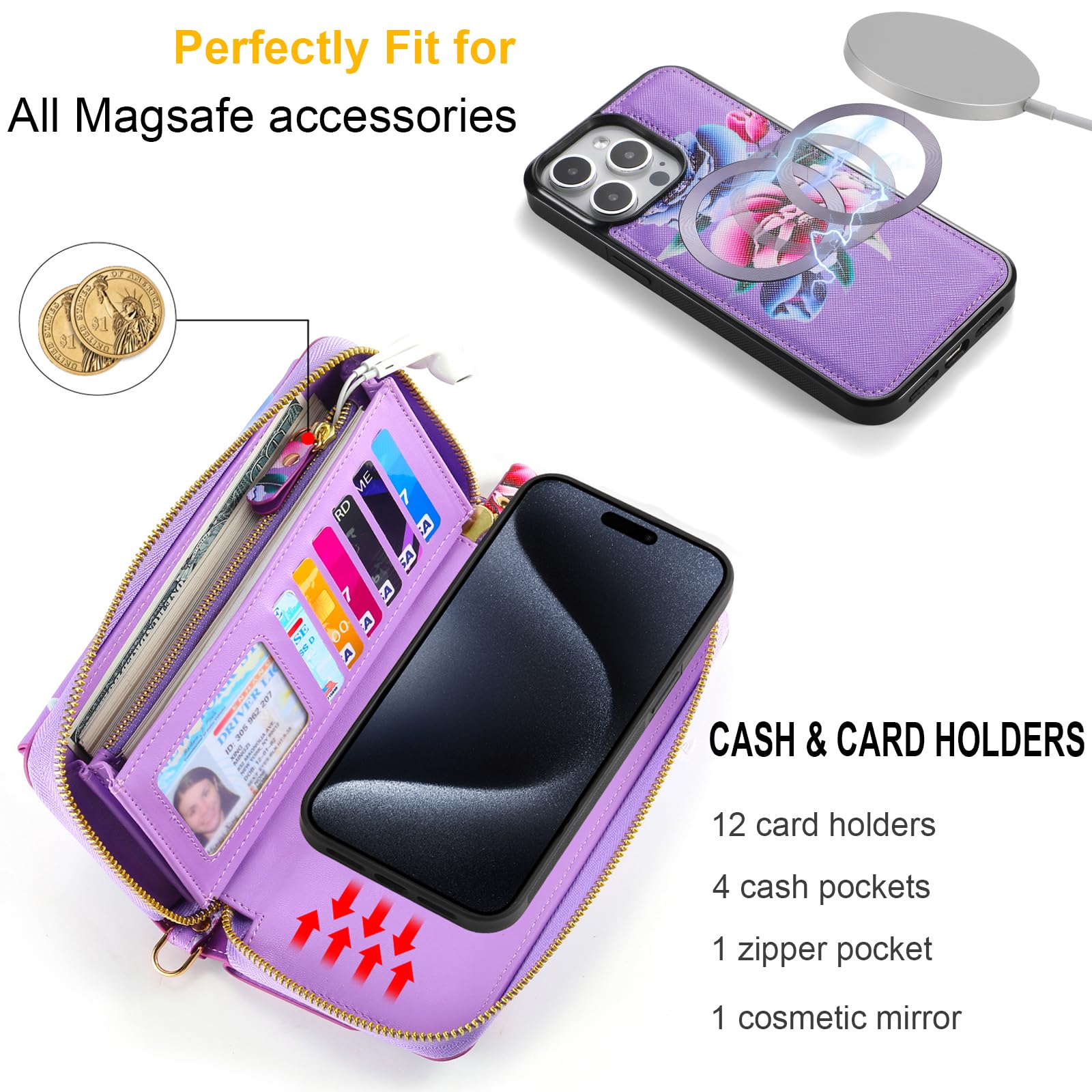 Crossbody-Schutzhülle Für IPhone 15 – Magnetisch Abnehmbar, Mit RFID-Schutz & Blumenmuster | PU-Leder Flip-Case
