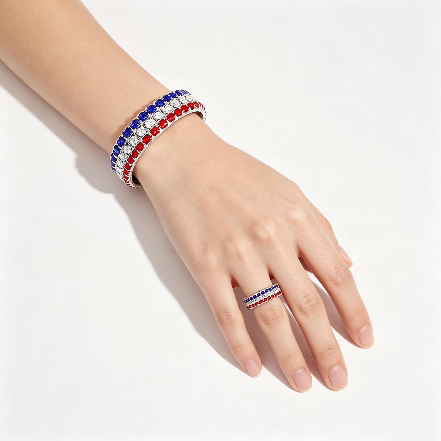 MALOYANVE 4th of July Jewelry Set for Women Red White Blue Rhinestone Choker Necklace Star Earring Bowknot Brooch Bracelet and Ring American Patriotic Independence Day Accessories