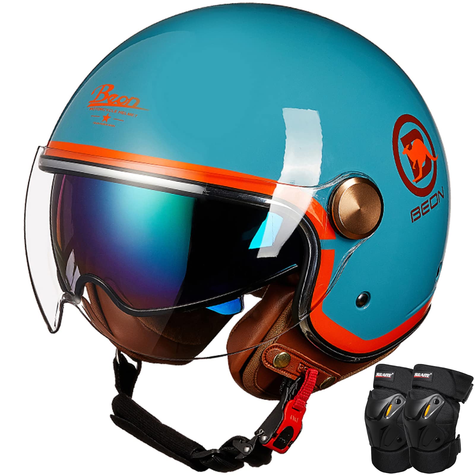 Casco Moto Jet Vintage, Casco Moto Abierto Con Doble Visera y Rodilleras, ECE 22-05 Homologado Casco Scooter Retro para Hombres y Mujeres Confortable Casco Motocicleta para Ciclomotor Harley Cruiser