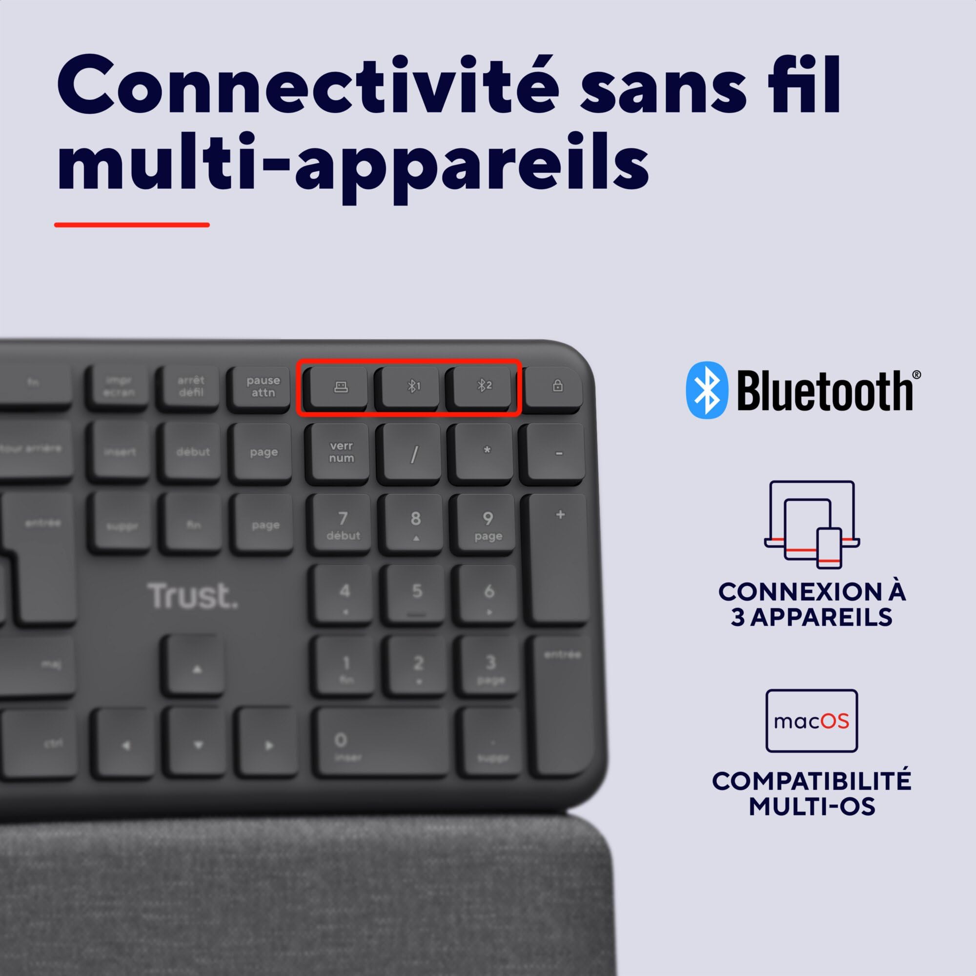Trust Arvia Clavier Ergonomique sans Fil AZERTY Français Silencieux, Noir | Bluetooth + 2.4GHz, Clavier Bluetooth Multi-appareils Deux Parties avec Repose-Paume, PC Ordinateur Portable Mac