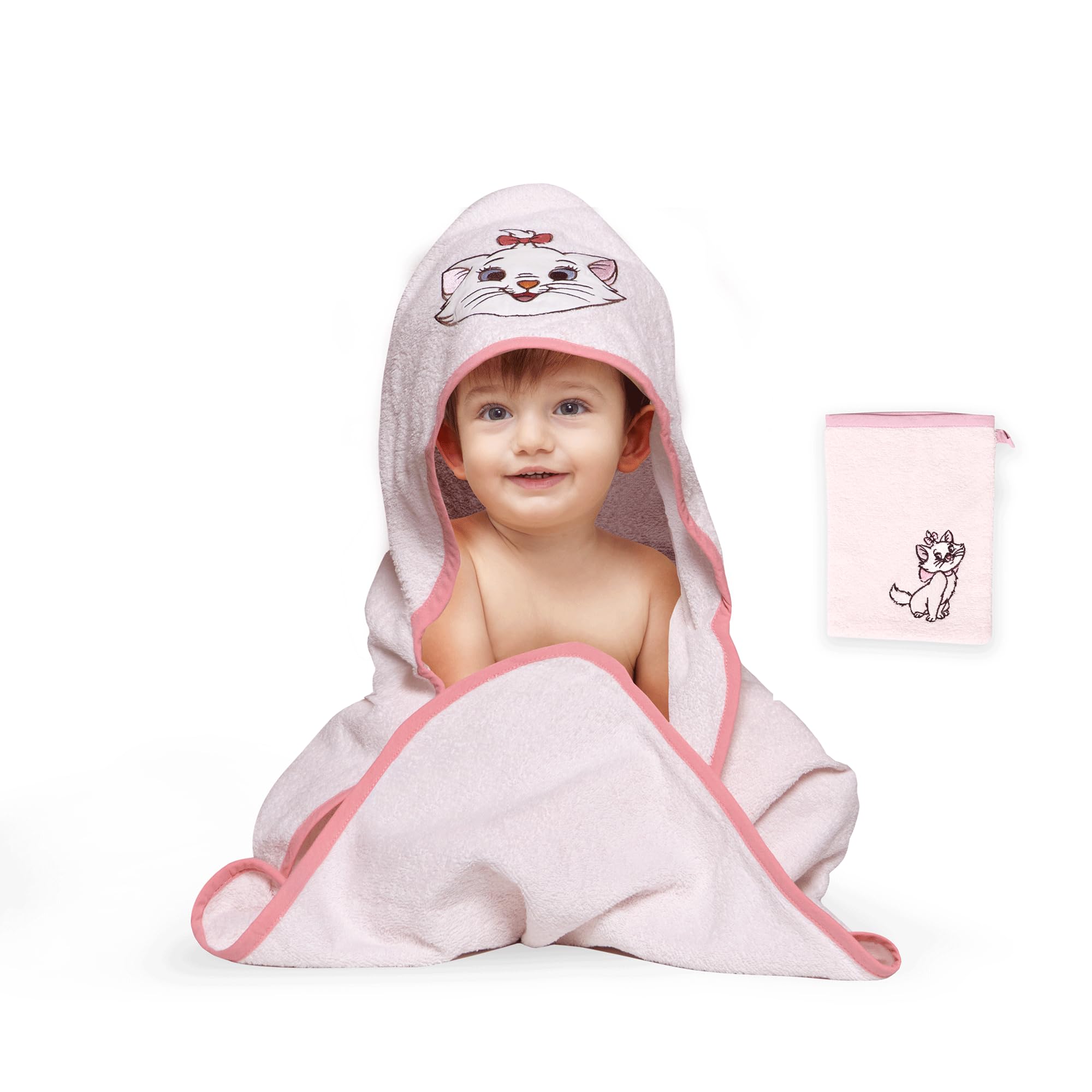 Disney Home Marie Cat zestaw ręczników z kapturem dla niemowląt do 5 lat, miękki i chłonny, certyfikat Oeko-Tex, 2-częściowy, ręcznik z kapturem 80 x 80 cm, myjka 15 x 20 cm