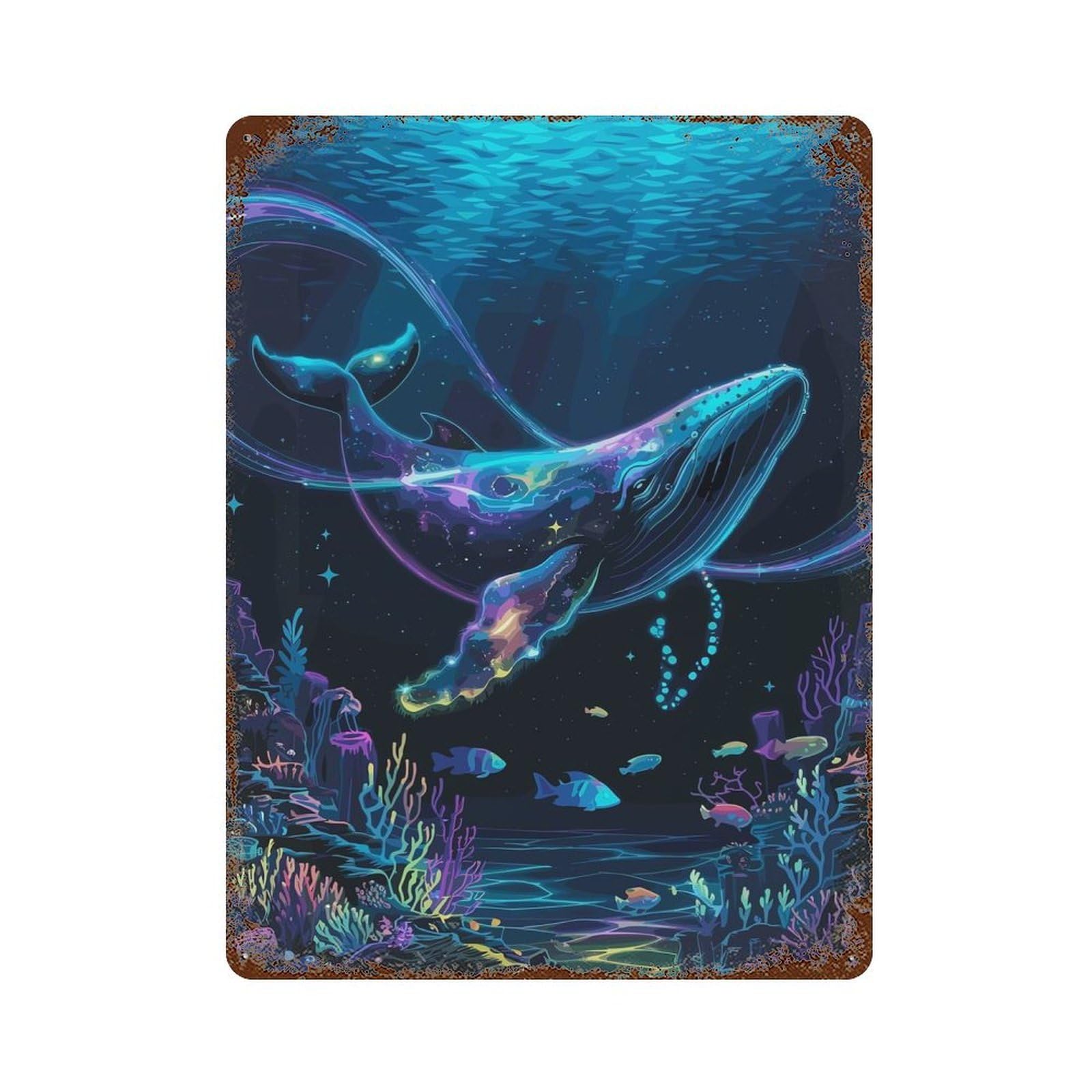 Rust Effect Cosmic Whale Underwater Vintage Metal Tin Sign 15.7"x11.8", Decorative Metal Wall Art for Office, Studio And Wall Decor
