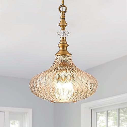 Miniatura 1 de Lámpara colgante de 3 luces, candelabro vintage dorado para cocina, iluminación colgante de techo de vidrio ámbar ajustable para pasillo,