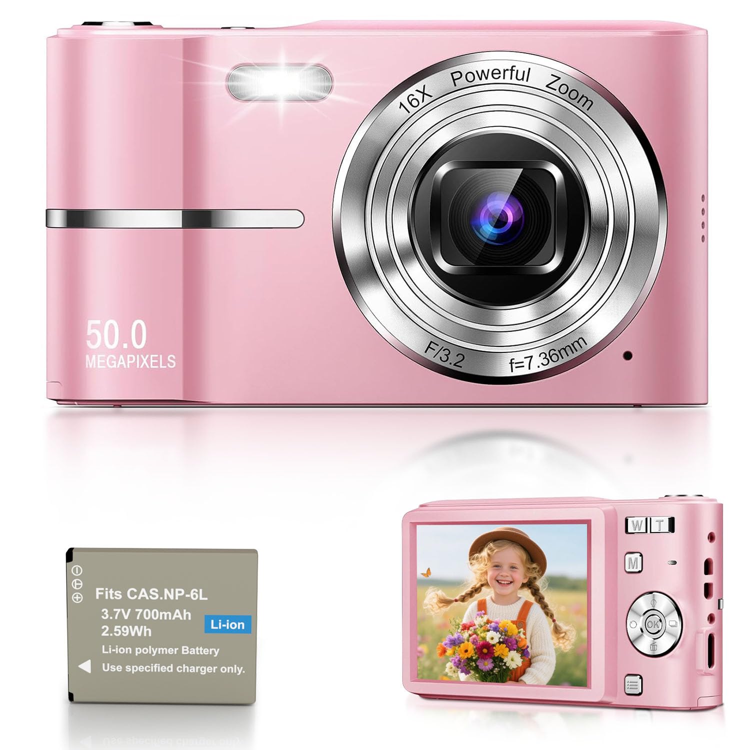 EJXHKNF Digital Camera, 1080P FHD Vlogging Camera 50MP Compact Portable Photo Camera with 2.4" Screen, 16X Digital Zoom Mini Small Pocket Camera for Kids Students Pink (No TF Card)