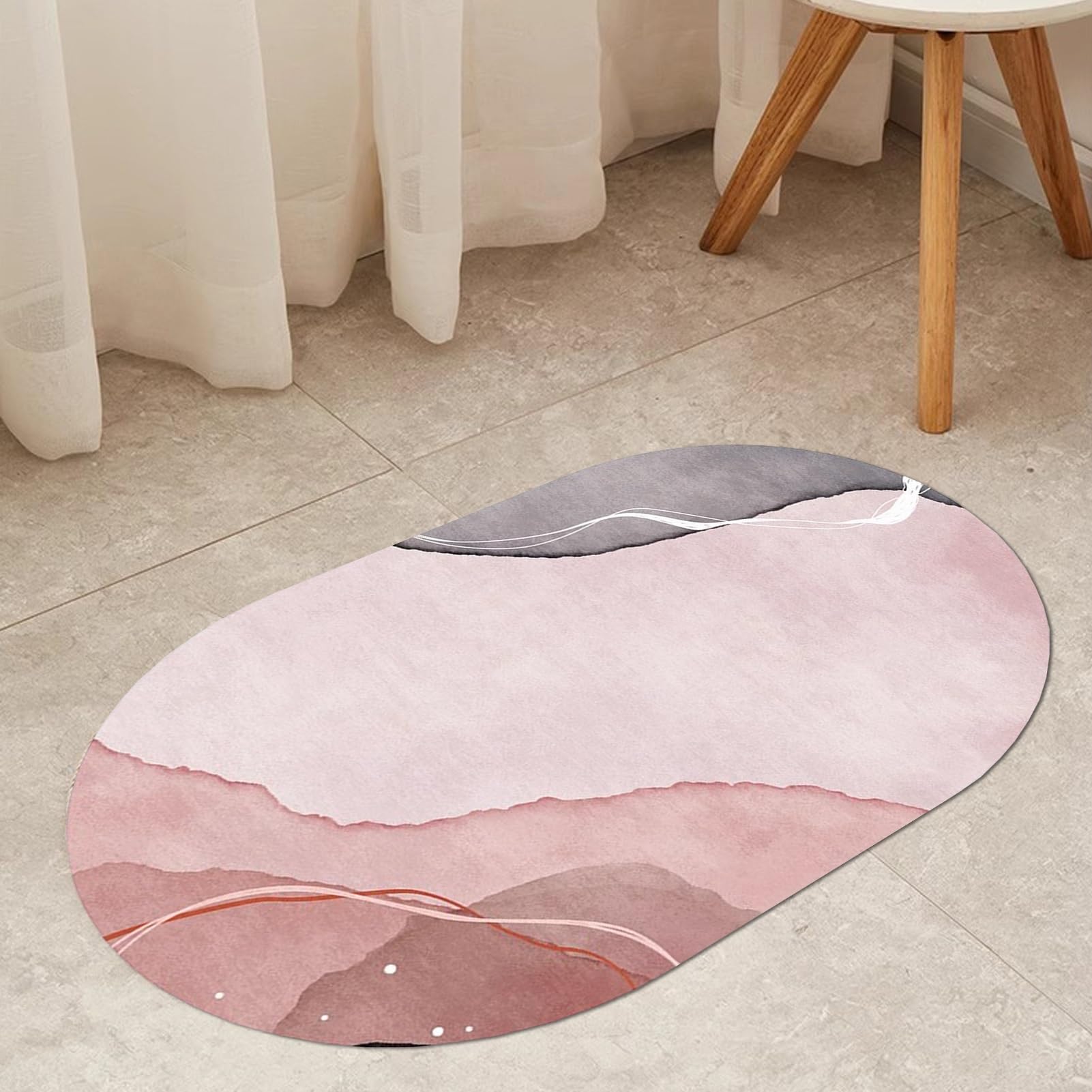 Tapis lavable pour cuisine et balcon ovale rose et gris 70x160cm