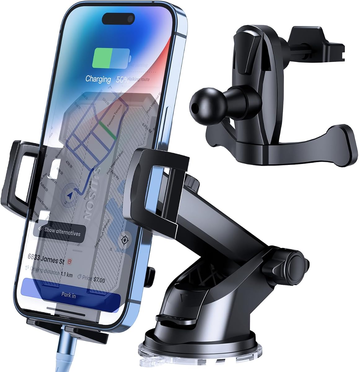 Upgraded 3-in-1 Car Phone Holder Mount for Car, Carbon Black | Powerful Suction Phone Mount for Car Dashboard Air Vent Windshield, for All iPhone Samsung Google Android Phone