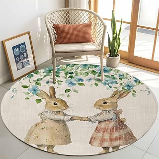 Round Rugs 3ft, Easter Rabbit Living Room Rug Non Slip TPR Backing Washable Rugs, Pastoral Green Blue Spring Eucalyptus Leaf Low Pile Indoor Carpet Circle Area Rug for Bedroom, Kitchen, Office, Kids