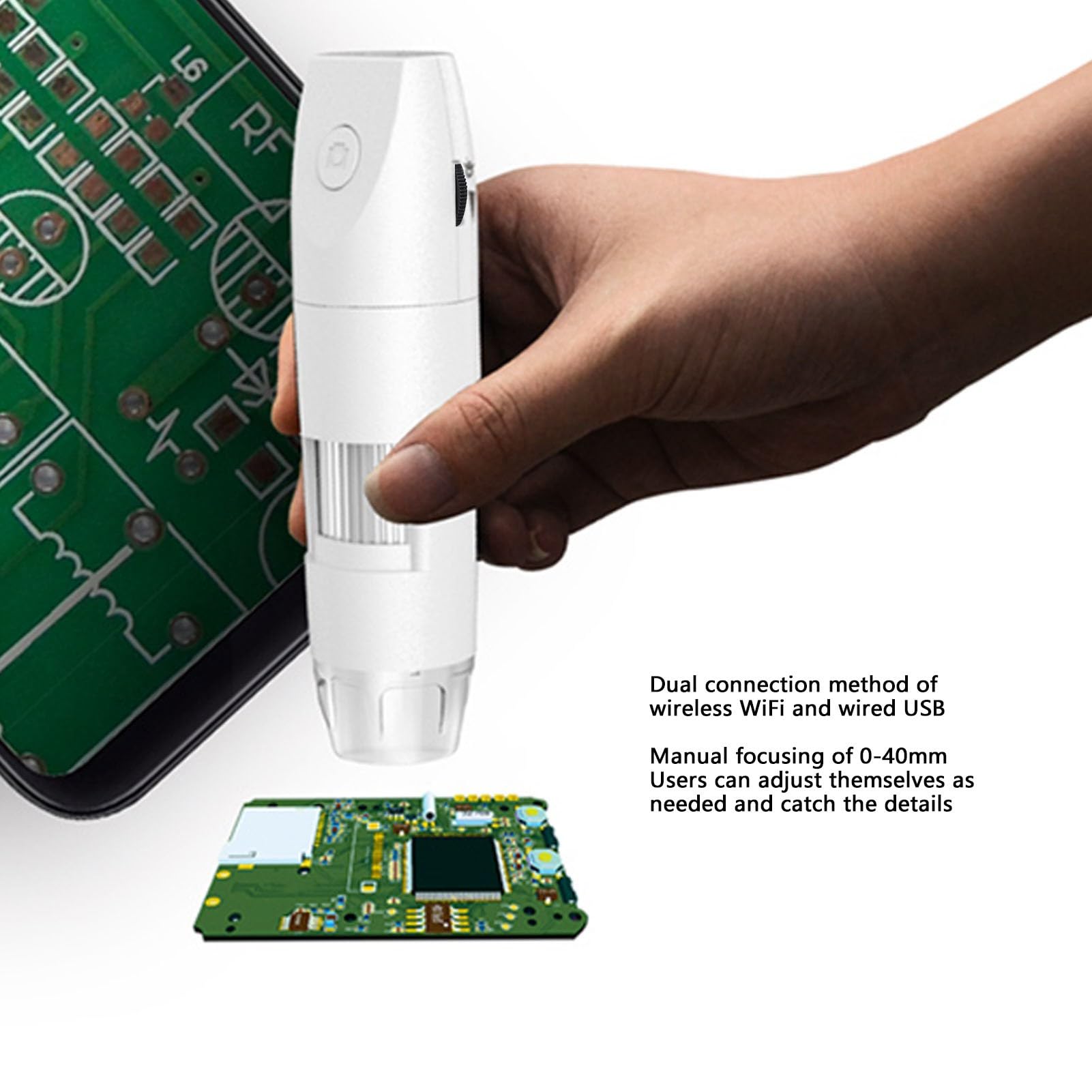 Microscopio USB WiFi 1080P 1000X Aumento Enfoque Manual Microscopio Digital Inalámbrico para Inspección de Circuito de Piel Microscopio de Bolsillo (White)