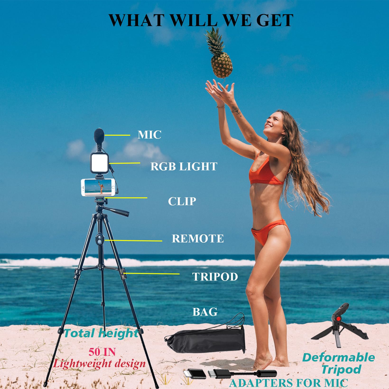 Kit di vlogging per iPhone, kit di vlogging per telefono Android, YouTube Starter Kit con due treppiedi luce microfono telecomando e adattatore jack