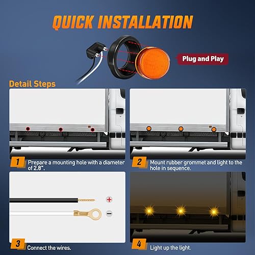 Miniatura 5 de Nilight Luz de Marcador Redonda de 2.5 Pulgadas 4PCS Ámbar 13LED Luces de Gálibo Montaje Empotrado Con Enchufe Ojal Coleta Cableado Directo Cumple