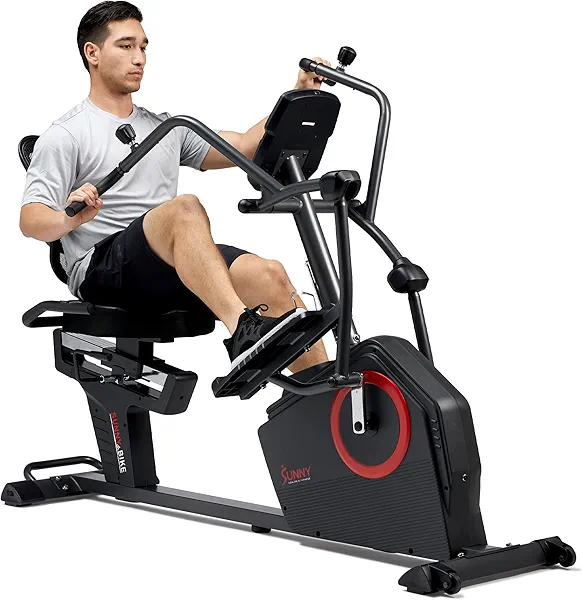 Sunny Health & Fitness Electromagnetic Recumbent Cross Trainer Exercise Elliptical Bike w/Arm Exercisers, Easy Access Seat & Exclusive SunnyFit® App Enhanced Bluetooth Connectivity - SF-RBE4886SMART