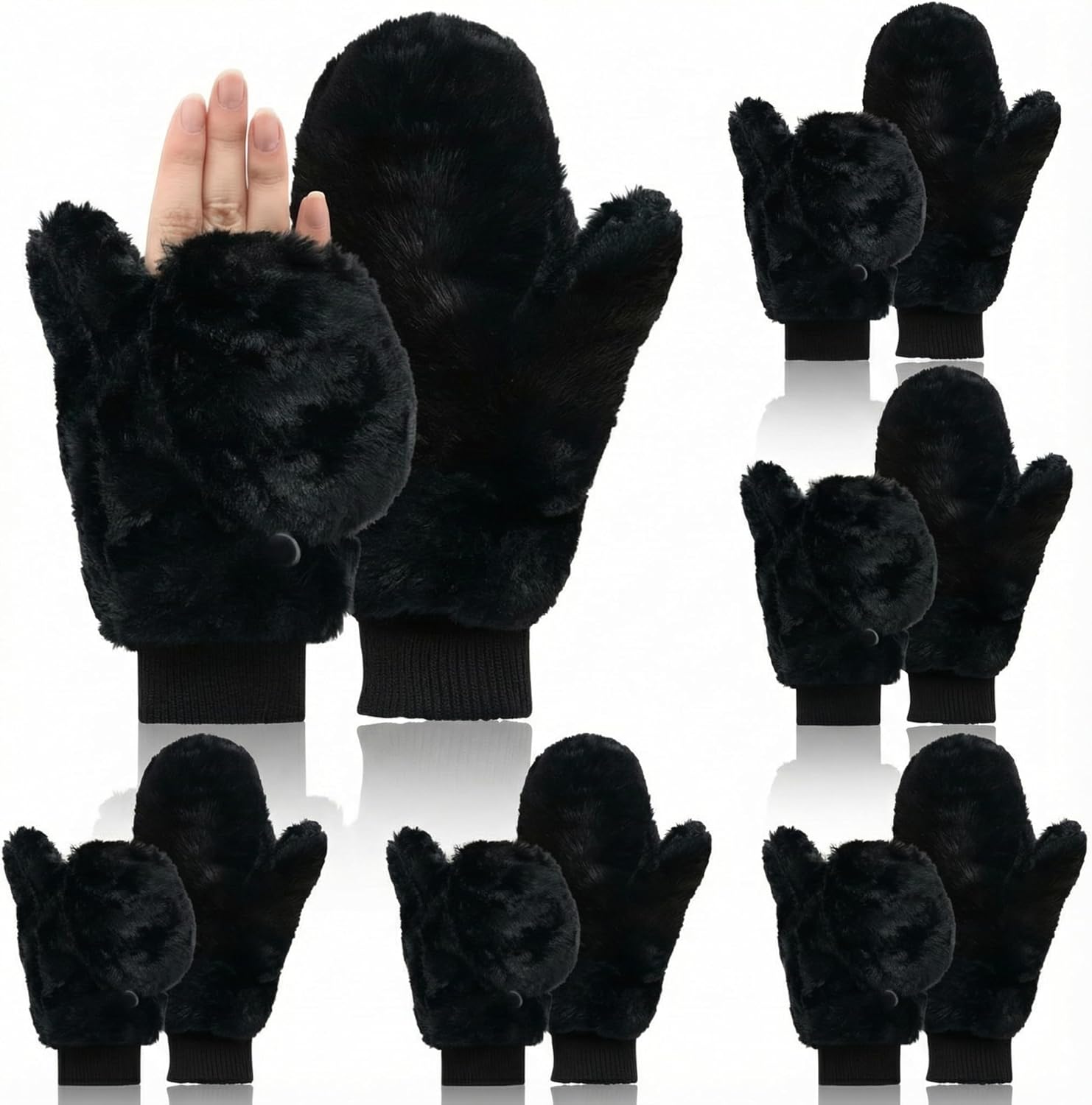 6 Pairs Fur Flip Mittens Women for Winter Warm Soft Half Finger Fingerless Convertible Fuzzy Gloves