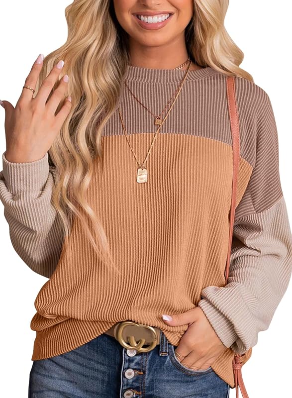 Dokotoo Plus Size Tops for Women Trendy Fashion Clothing Fall Summer Crewneck Long Sleeve Shirts Business Casual Outfits Loose Comfy Color Block Cute Sweatshirt Knitted Tunic Blouse Khaki XX-Large