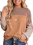 Womens Fashion 2025 Color Block Long Sleeve Crewneck Knitted Casual Loose Pullover Shirts Tops