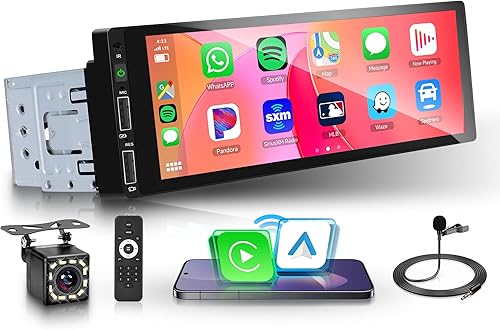 Radio de coche estéreo de un solo DIN inalámbrico Carplay Bluetooth 5.0, Rimoody 6.86 pulgadas pantalla táctil Android Auto Mirror Link 2-USB FM