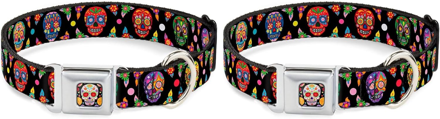 Dog Collar Seatbelt Buckle Colorful Calaveras Black Multi Color 9 to 15 Inches 1.0 Inch Wide (Pack of 2)