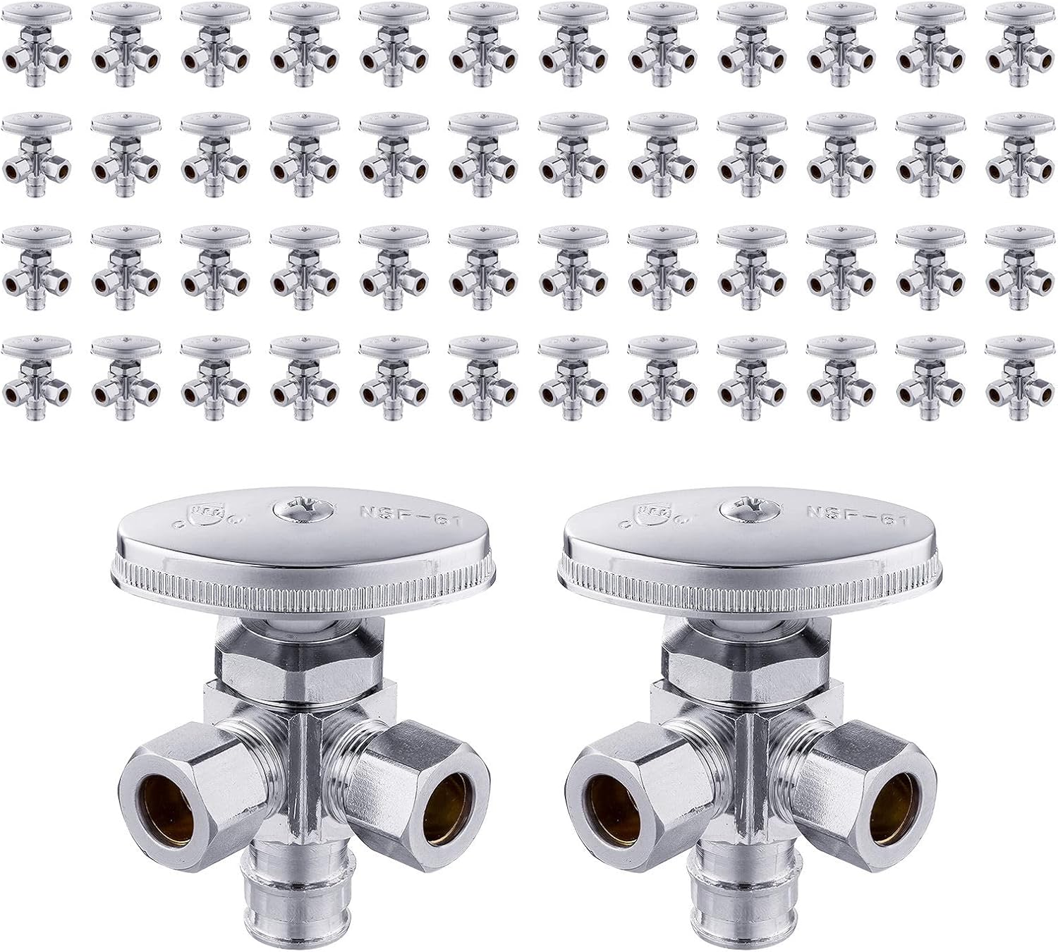 10 Pack Dual Outlet Stop Valves, Chrome Plated Faucet Valve, 1/2" Nom(5/8" OD) x 3/8" OD x 3/8" OD Compression Shut Off Valve, Lead-Free Brass for Bidet, Sink and Washing Machine