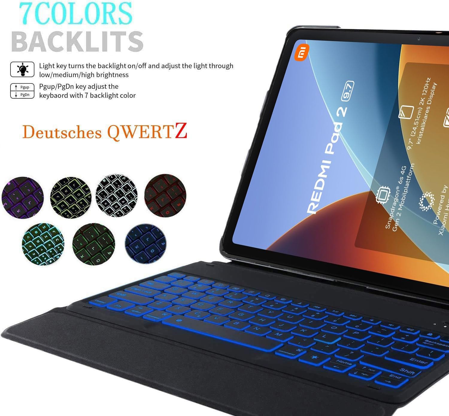 Custodia con tastiera per tablet Xiaomi Redmi Pad 2 da 9,7 pollici, QWERTZ tedesco, ultra sottile, con illuminazione a 7 colori, tastiera wireless con custodia protettiva, rosa
