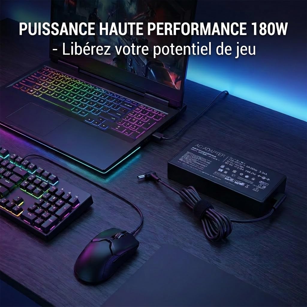 Adaptateur Secteur AC 180W ADP-180TB H Compatible avec ASUS ROG Zephyrus G14 GA401 GA401Q GA401i GA401iv GA401ih, Chargeur 20V 9A Cordon d'alimentation pour Ordinateur Portable TUF Gaming