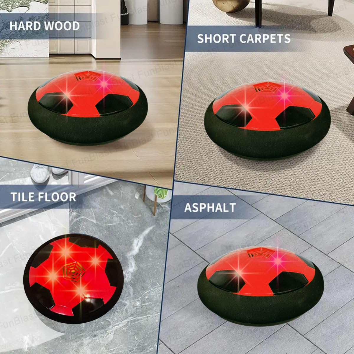 FunBlast Air Powered Hovers & Glides – Soccer Disk, Hover Football, Soccer Ball with Flashing Light, Football Disc for Kids, Birthday Gift for Kids, Battery Operated Soccer Disc (Red) 1