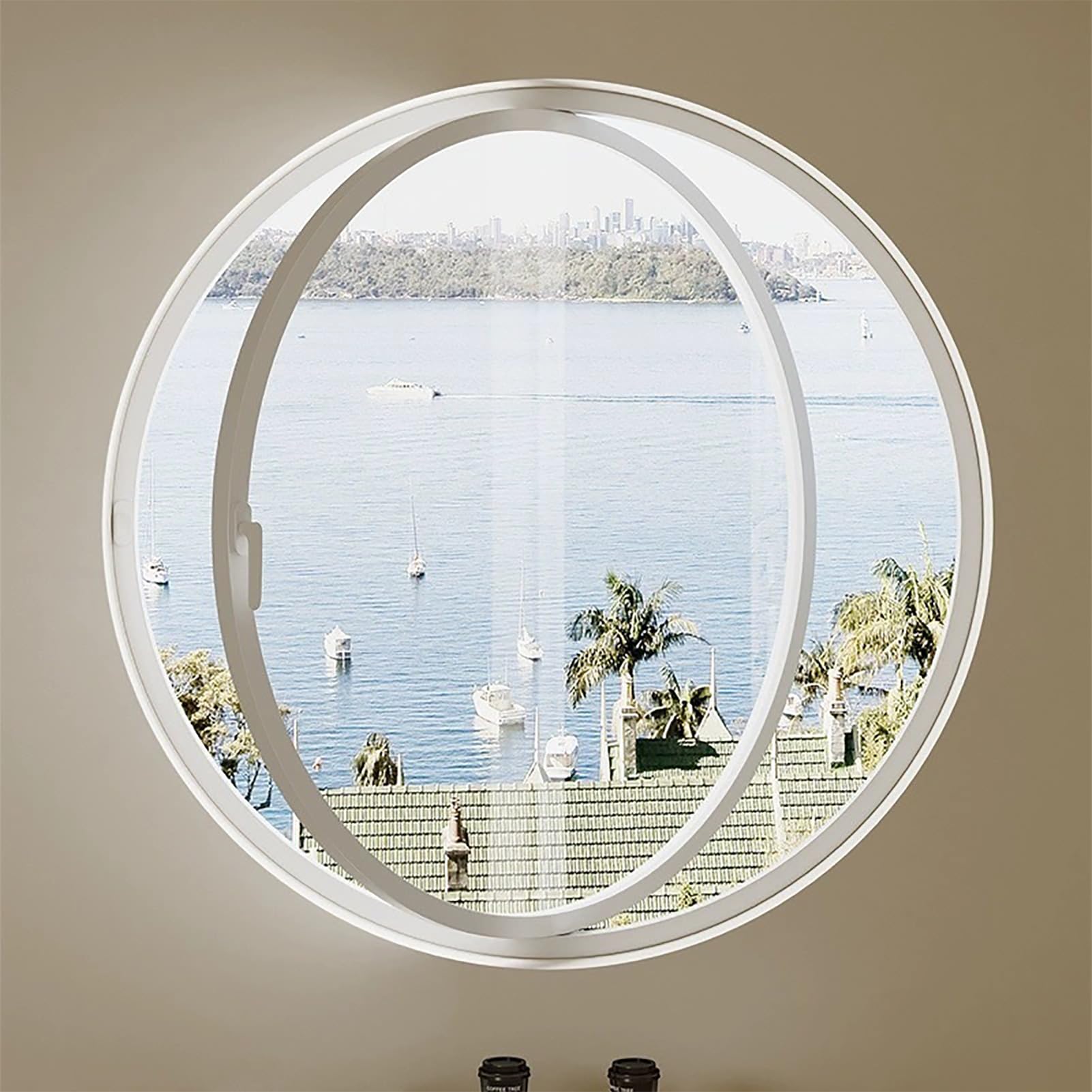 Fenêtre ronde rotative à 360°, 80 cm fenetre ronde hublot blanche, fenêtre à battant décorative en verre pour grenier chambre cuisine intérieur cloison de séparation bureau café fenêtre extérieure