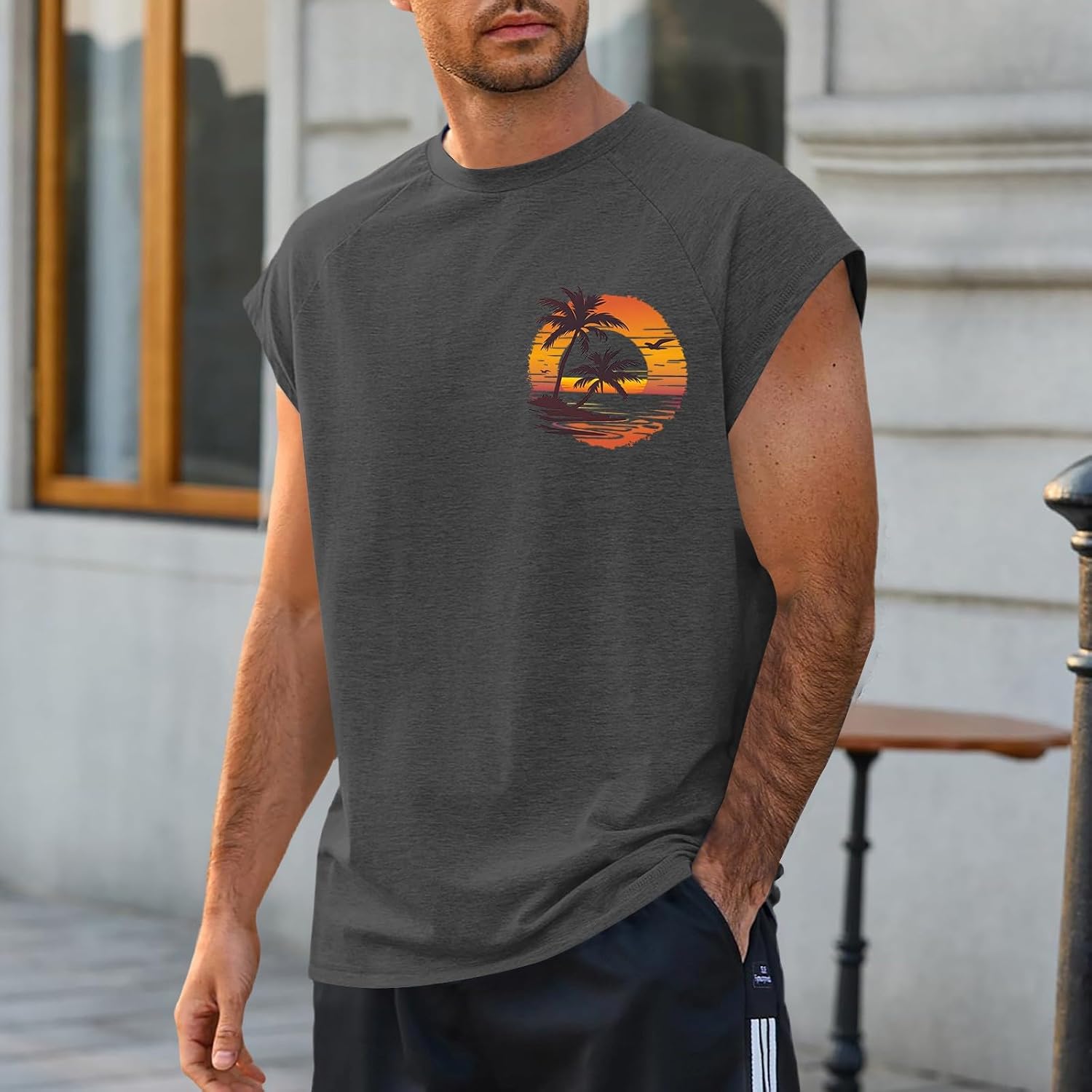 Graphic Tank Tops for Men Palm Tree Tanks Summer Rpund Neck Tee Mens Hawaiian Sleeveless T Shirts Beach Vacation Tops