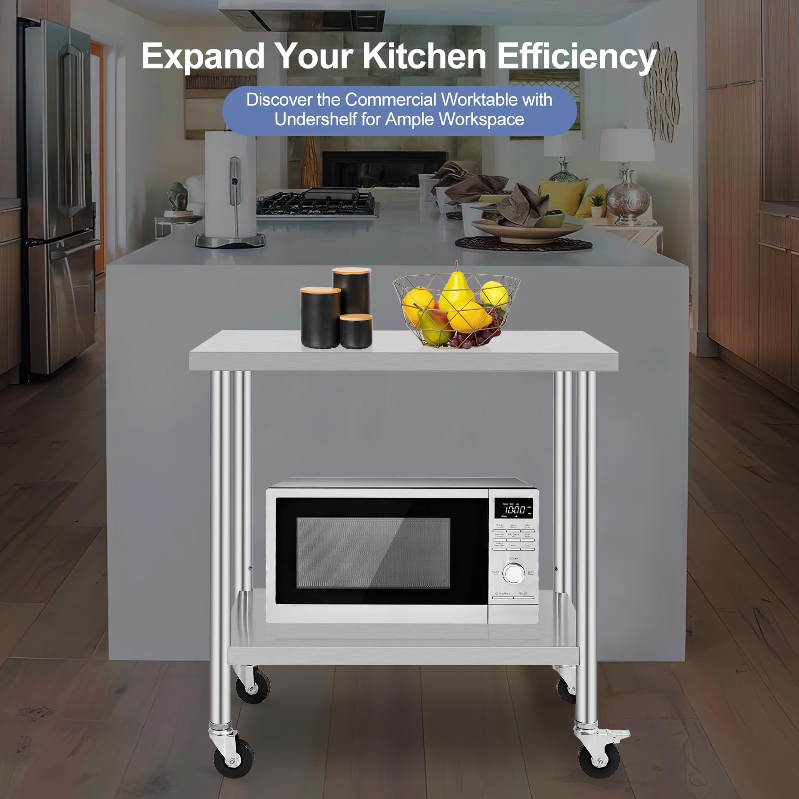 GarveeTech Mesa de trabajo de acero inoxidable, mesa de cocina ajustable con ruedas para preparación de alimentos, 91 x 60 cm, mesa de metal profesional para restaurante, hotel, cocina grande