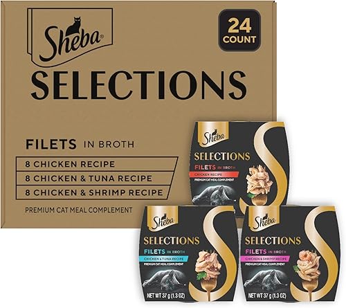 Sheba Selections Filetes en caldo de comida húmeda para gatos adultos Complemento de pollo, pollo y atún, o receta de pollo y camarones, tazas de