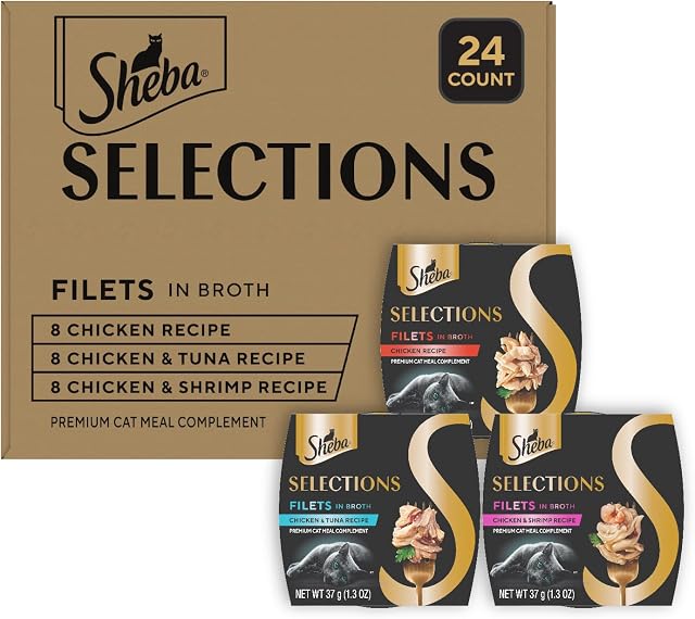 Sheba Selections Filets Wet Cat Food Complement, Variety, 1.3 oz, 24 ct | Grain-free, Real chicken #1 ingredient, no corn or soy, no artificial flavors, peel & serve topper or treat, 1.3 oz. Cups