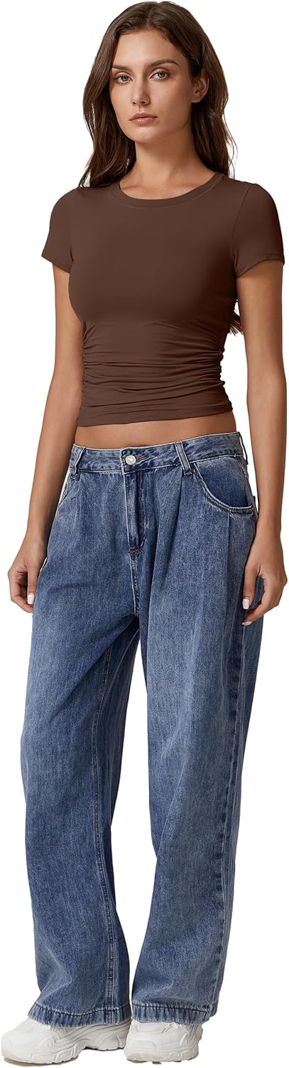 QINSEN Short Sleeve Shirts for Women Round Neck Basic Double Lined Tees Fitted Y2k Crop Tops - Image 6