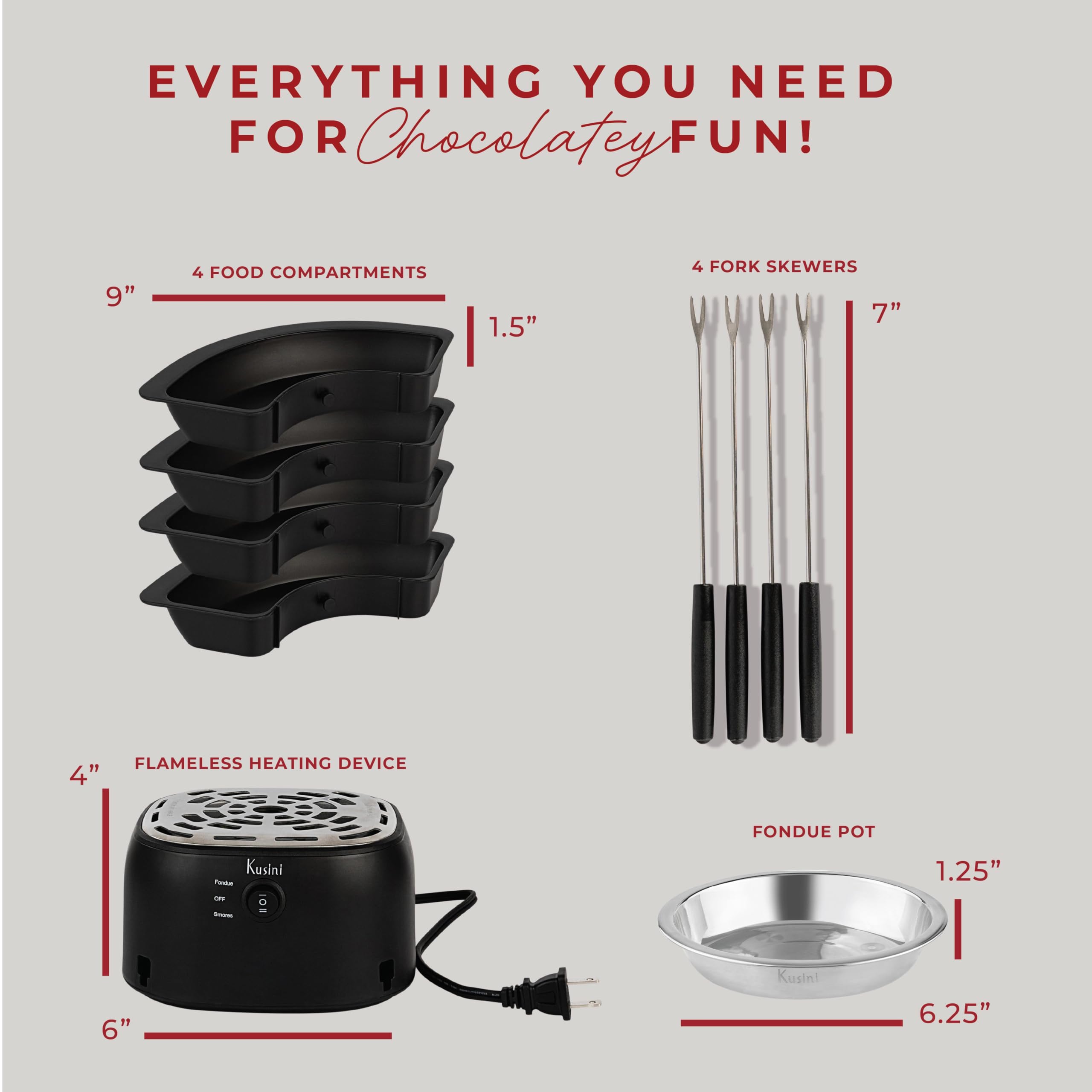 Kusini Set per fonduta elettrica 2 in 1 e kit da tavolo per interni con vassoi rimovibili e 4 spiedini, pentola per fonduta al cioccolato Smores Station, idea regalo unica per coppie, forniture per