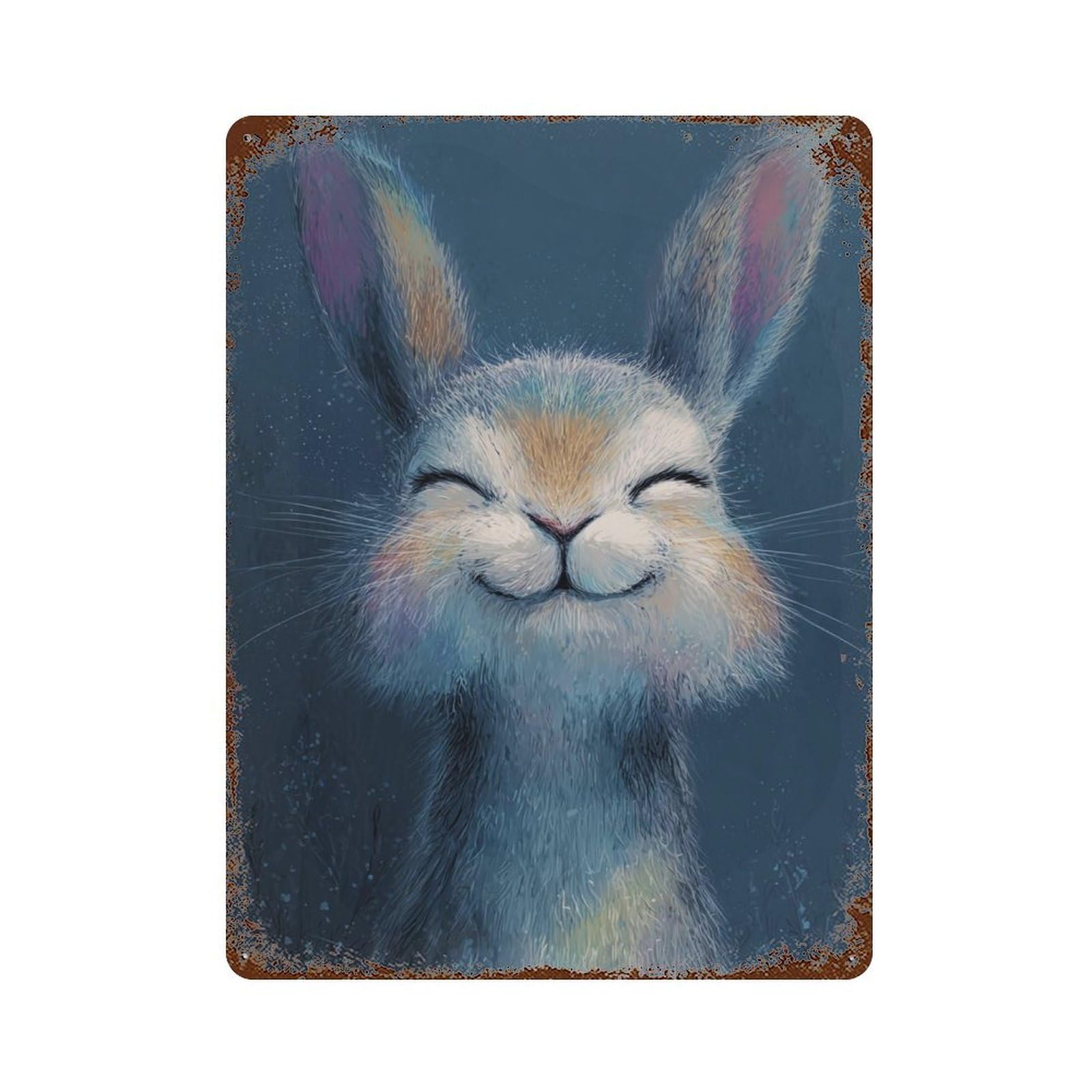 Happy Bunny Illustration Weathered Tin Sign 15.7"x11.8", Classic Wall Plaque for Garage, Bar And Workshop Decor