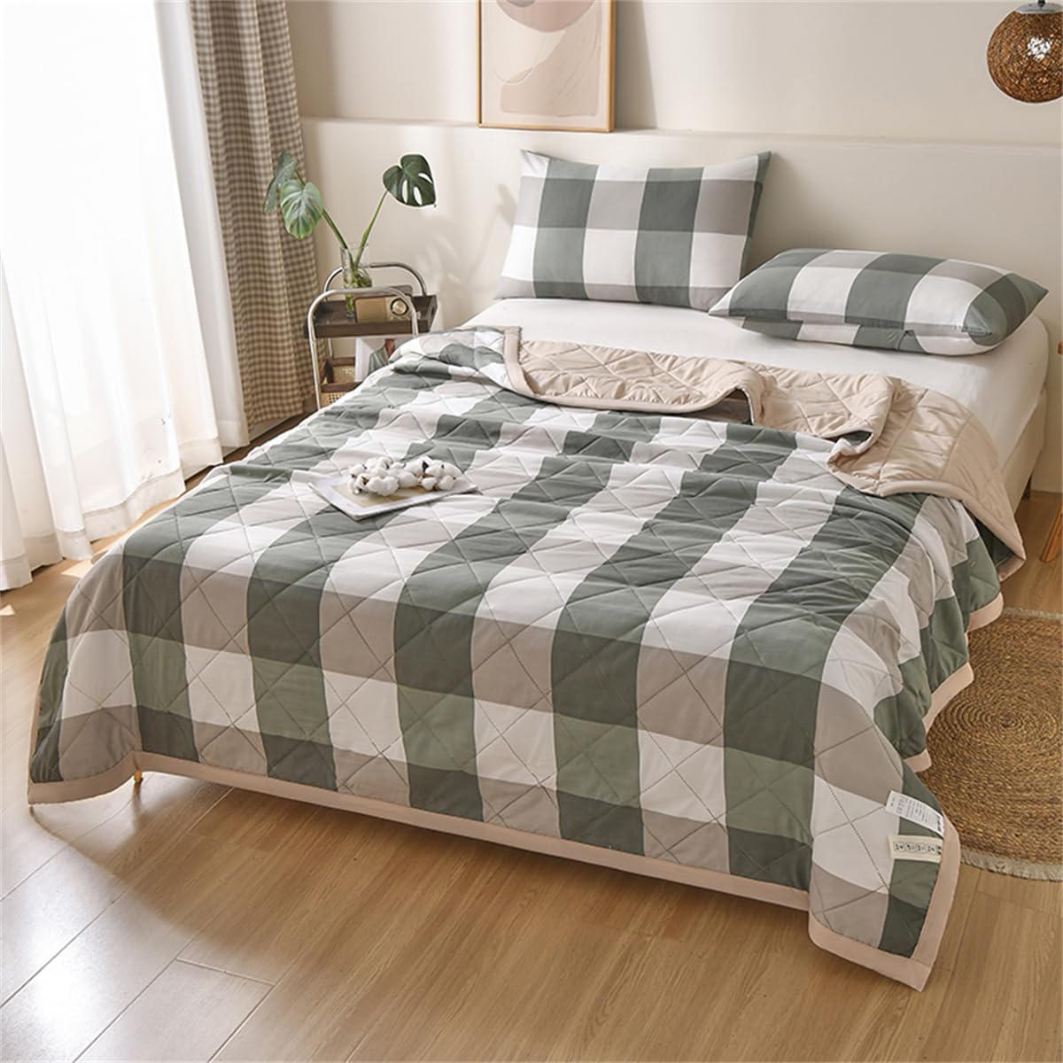 VUIKLCty Retro Checked Quilted, Reversible, Soft And Lightweight Bedspread (duvet Only)(Green-gray,200x230cm)