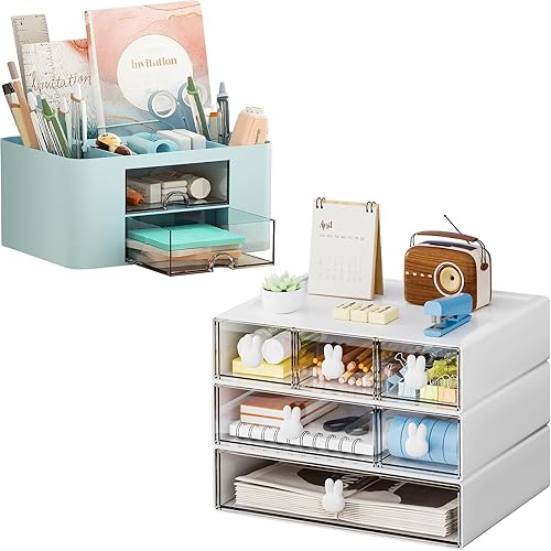 Miniatura 1 de Marbrasse Organizador de bolígrafos con 2 cajones + organizador de escritorio con 6 cajones, cajones de almacenamiento apilables de 3 niveles