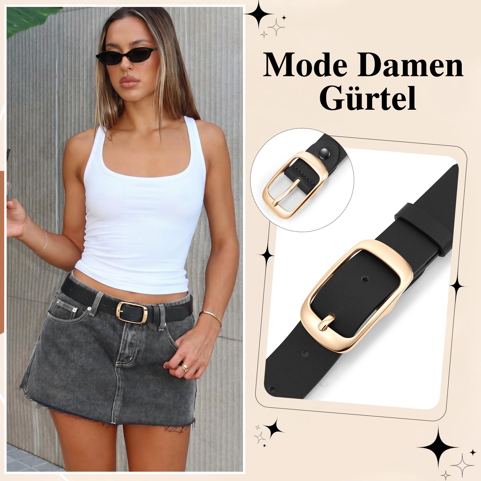 WHIPPY Damen-Ledergürtel in Übergröße, modischer Jeans Gürtel mit fester Dornschließe für Jeans-Hosen-Kleid