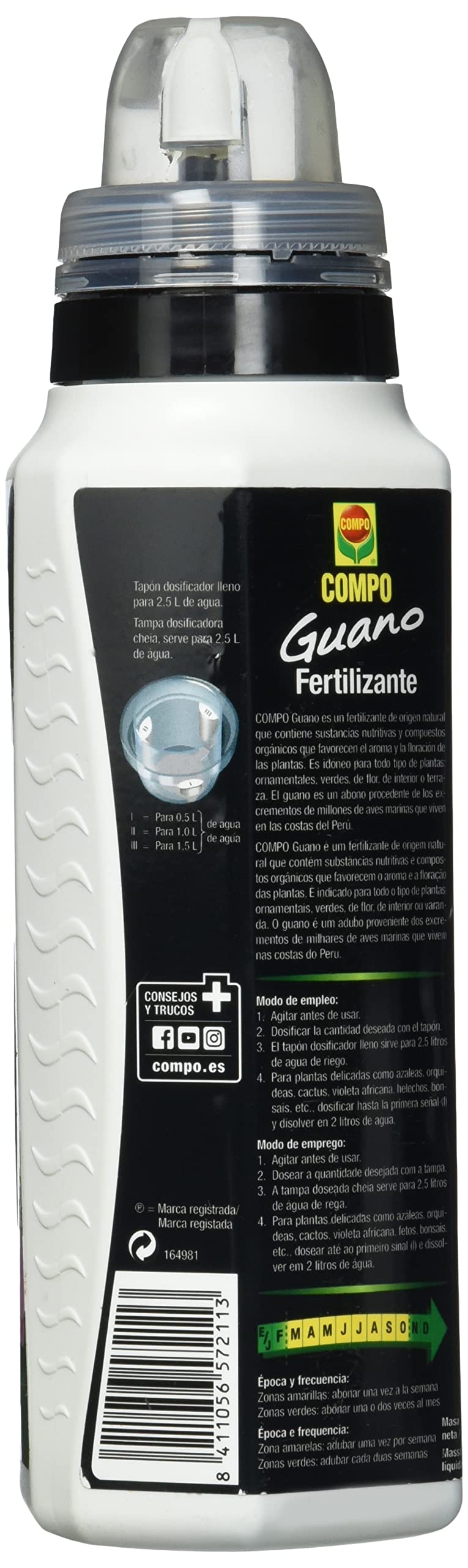 COMPO Fertilizante con guano para plantas de interior, balcón y terraza, Fertilizante líquido, 500 ml