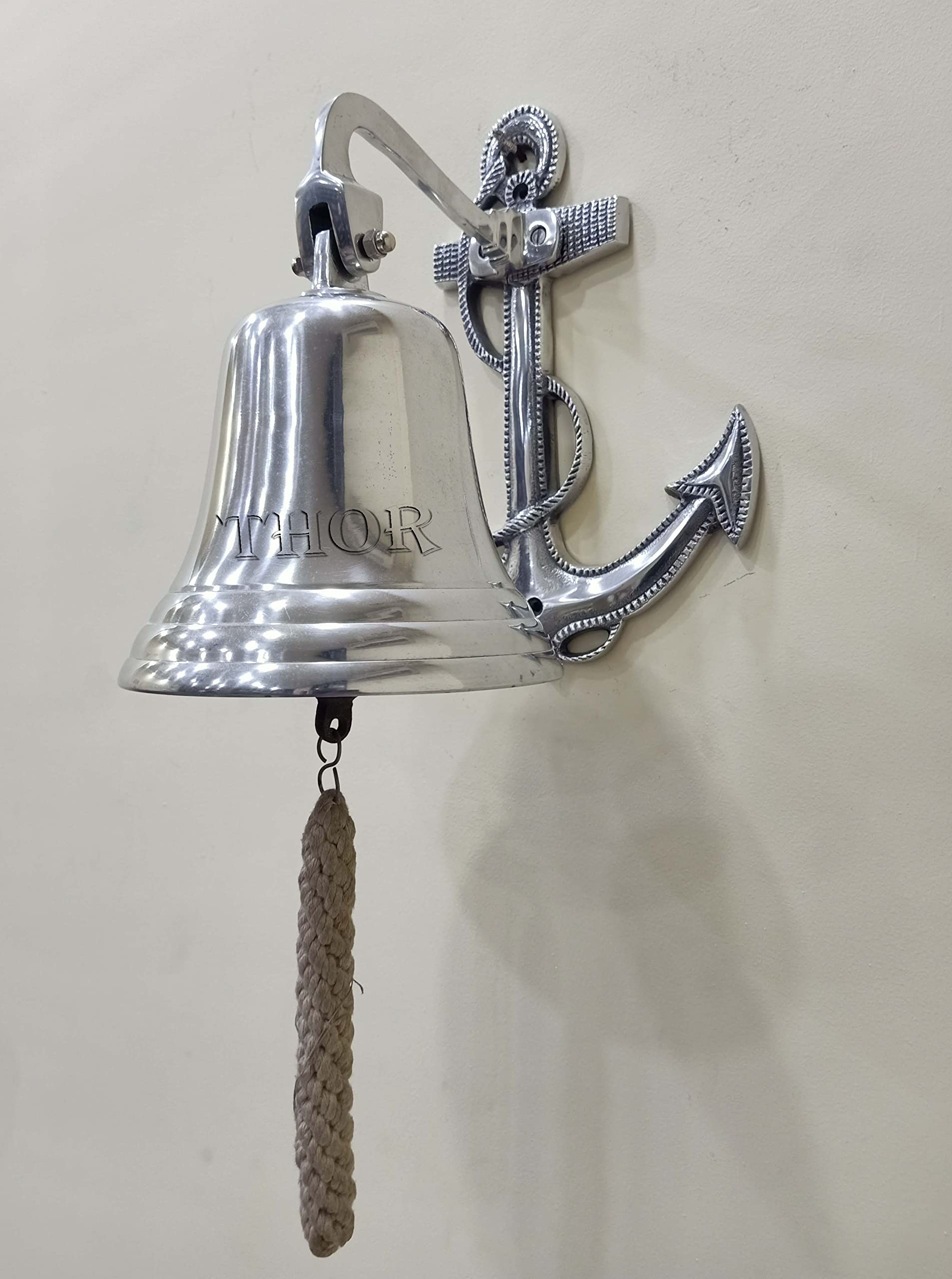 Wall Hanging Ship Bell Dinner Bell Indoor/Outdoor Nautical Decoration Bells with Rope (D-7 inch H-10 inch, Silver Finish) Rustic Vintage Home Decor Gifts
