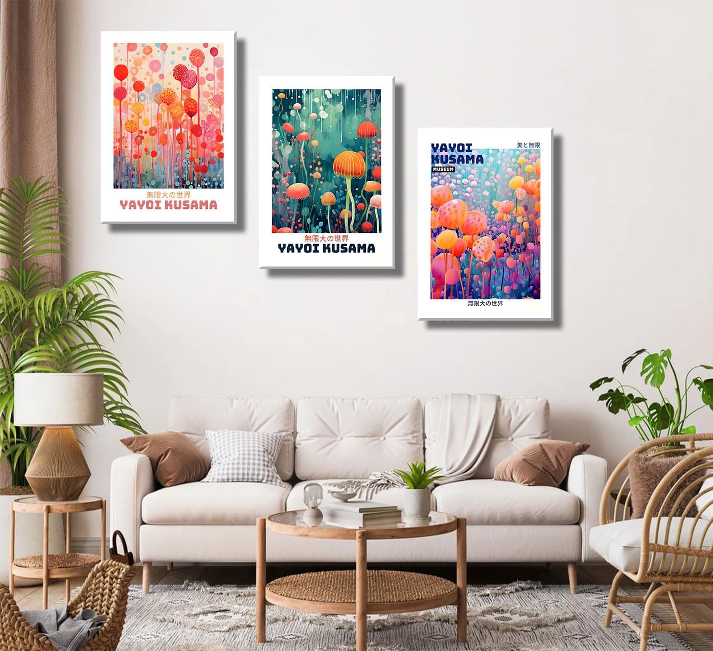 3 Pcs Yayoi Kusama Canvas Wall Art Abstract Japanese Botanical Wall Decor Pictures Vintage Tokyo Aesthetic Posters Prints for Bathroom Kitchen Gallery Living Room Bedroom Decoration