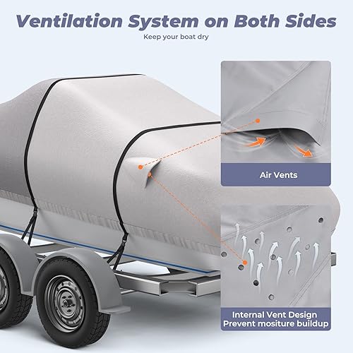 Miniatura 8 de RVMasking Funda para barco, 1400D resistente reforzada, impermeable, remolcable con bolsa de almacenamiento para casco en V, Tri-casco, pescado y