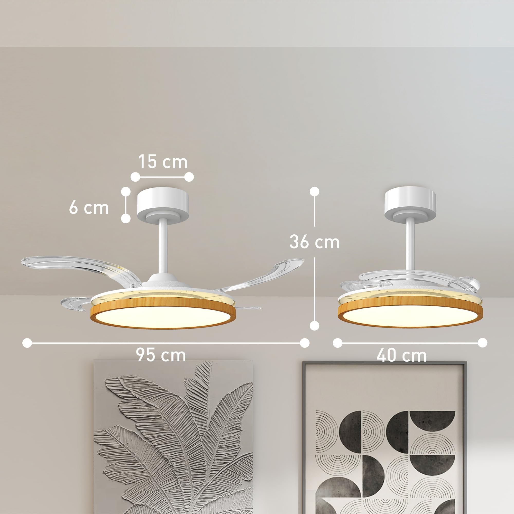 HOMCOM Ventilateur de plafond avec lumière LED, plafonnier ventilateur Ø95 cm, 4 pales rétractables moteur CC silencieux, 6 vitesses, 3 températures de couleur, télécommande, minuterie, mode été-hiver